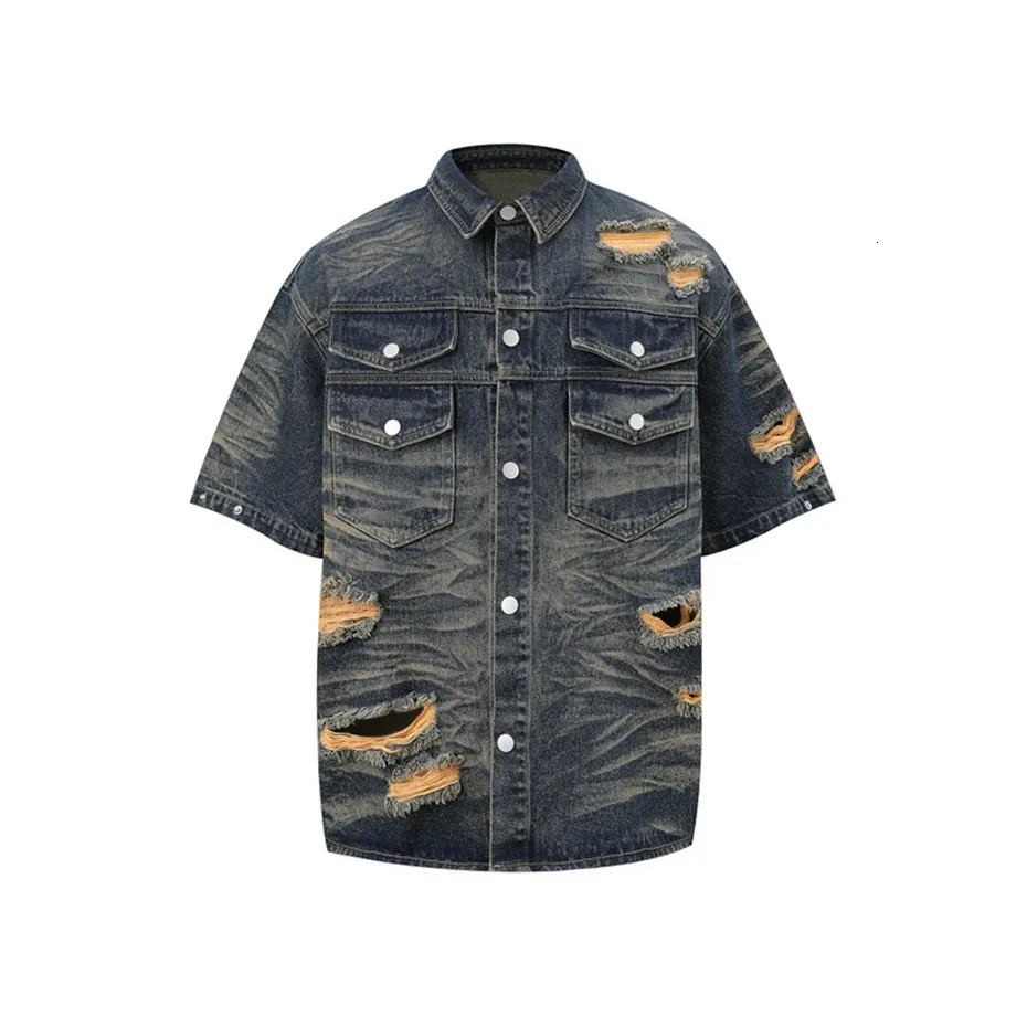 Ripped-hole short-sleeved denim shirt and short