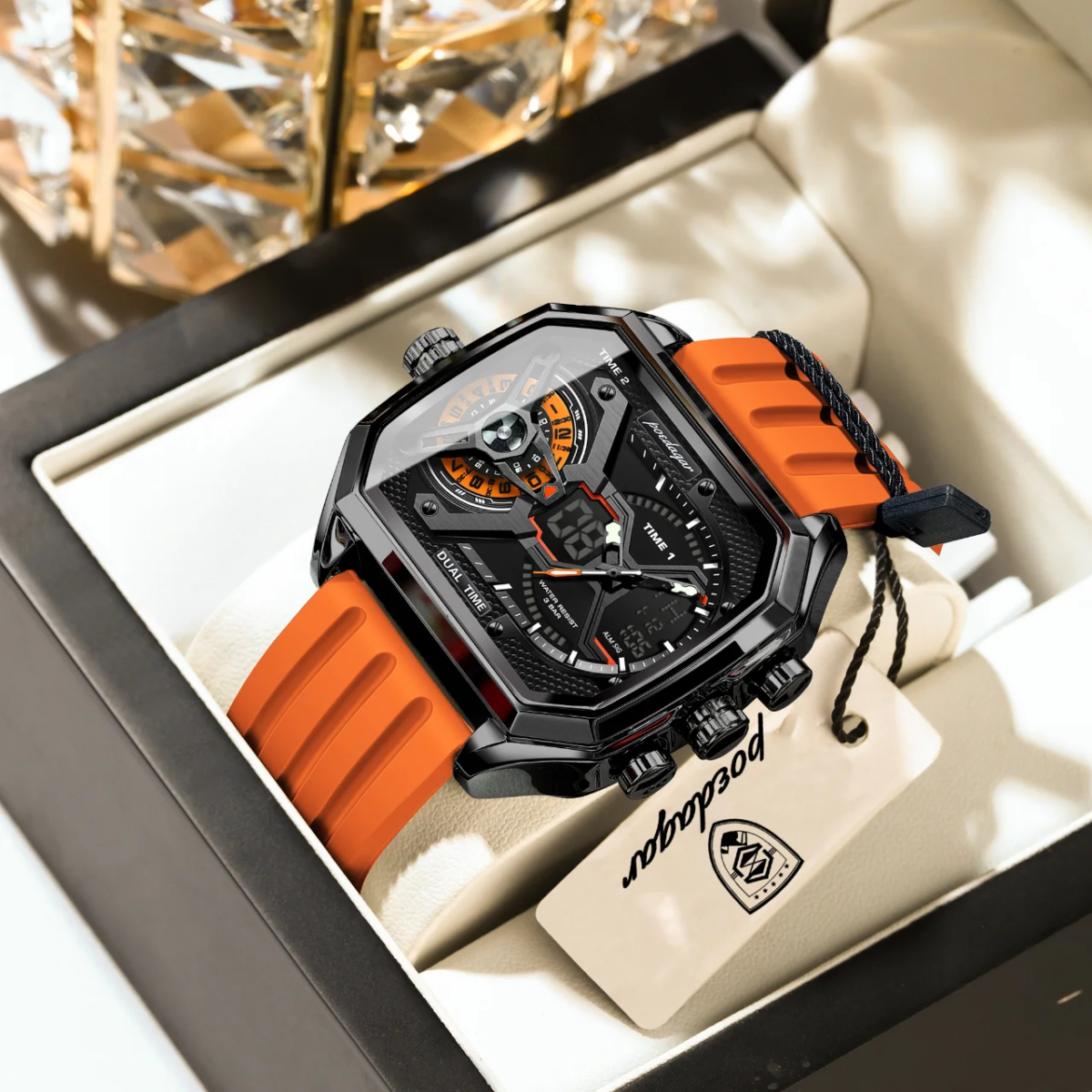 POEDAGAR brand rectangular luxury chronograph watch