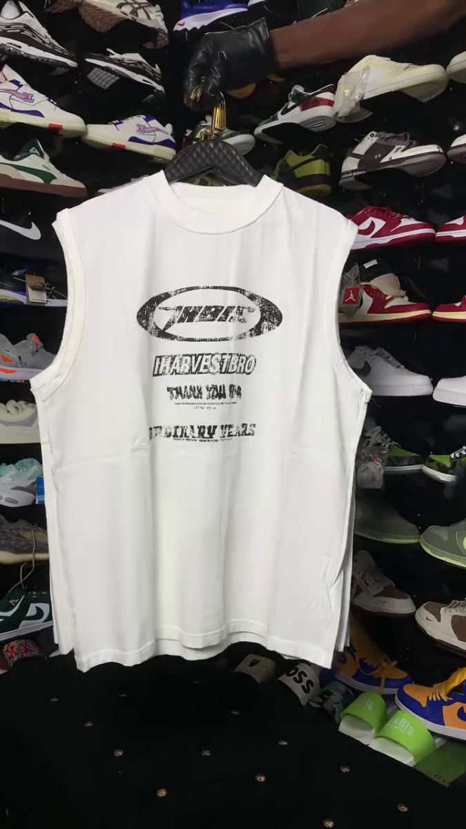 White sleeveless graphic tank top